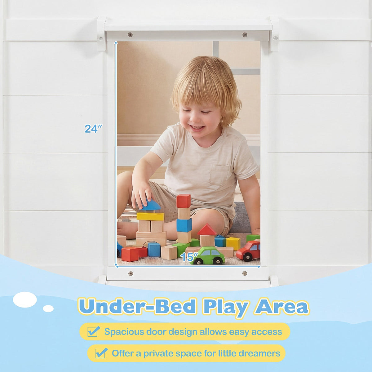 Wooden Low Kids Loft Bed with LED Lights and 2 Doors-Bunk Bed Frame-DECOROLALA