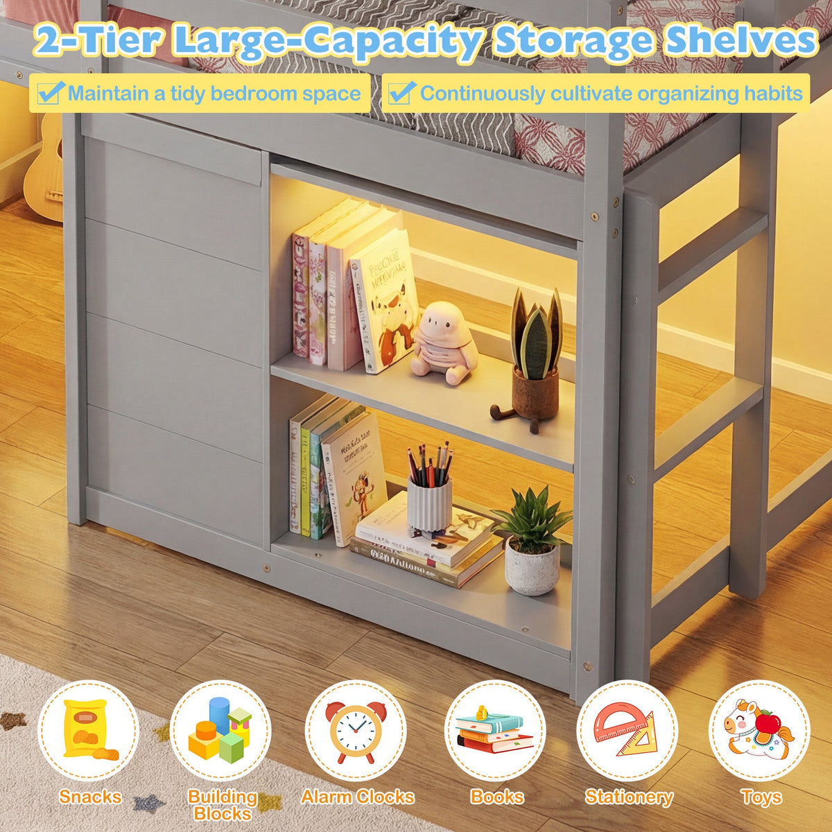 Wooden Low Kids Loft Bed with LED Lights and 2 Doors-Bunk Bed Frame-DECOROLALA