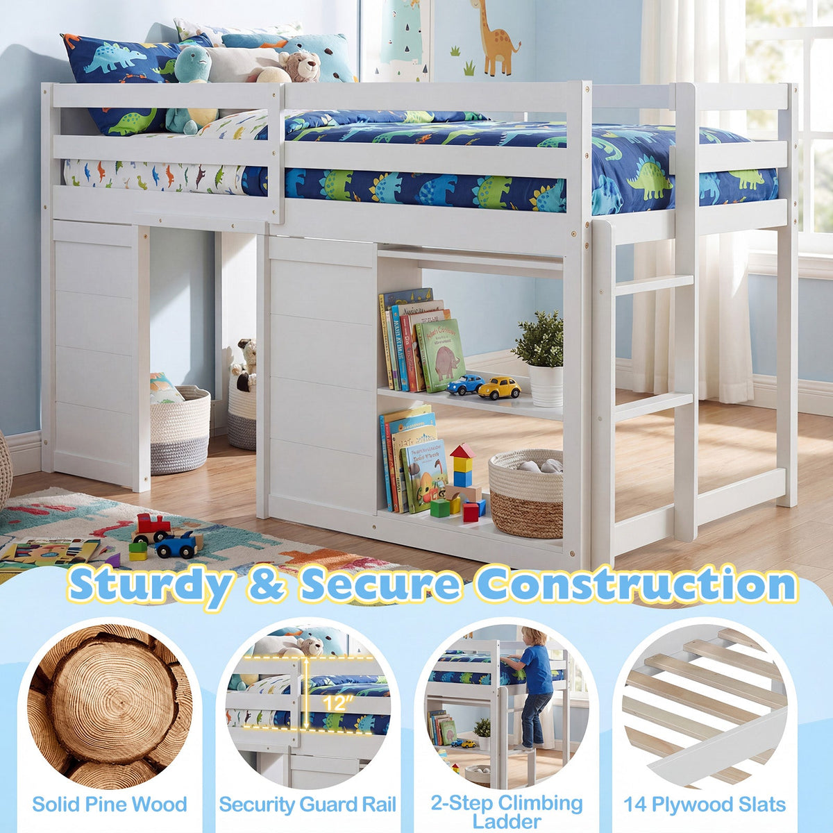 Wooden Low Kids Loft Bed with LED Lights and 2 Doors-Bunk Bed Frame-DECOROLALA