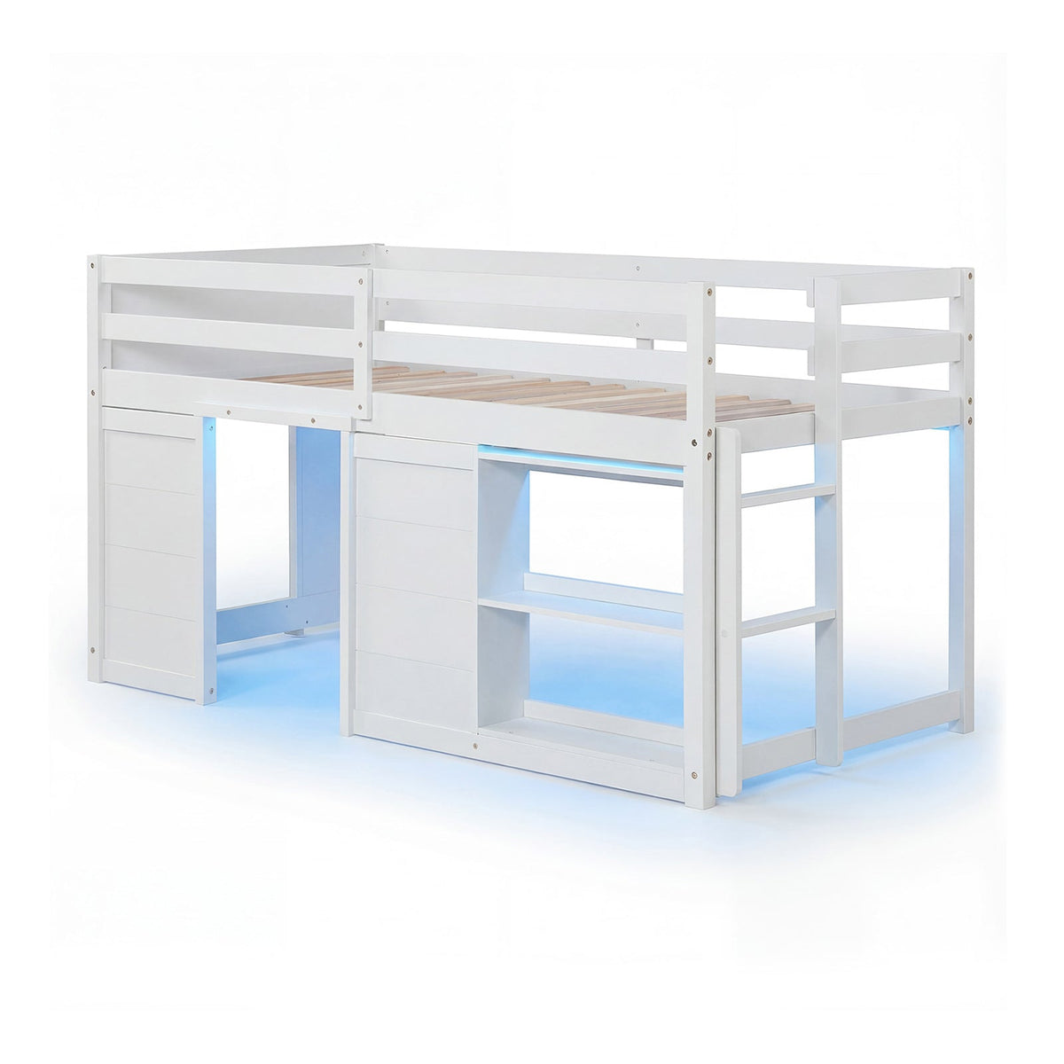 Wooden Low Kids Loft Bed with LED Lights and 2 Doors-Bunk Bed Frame-DECOROLALA