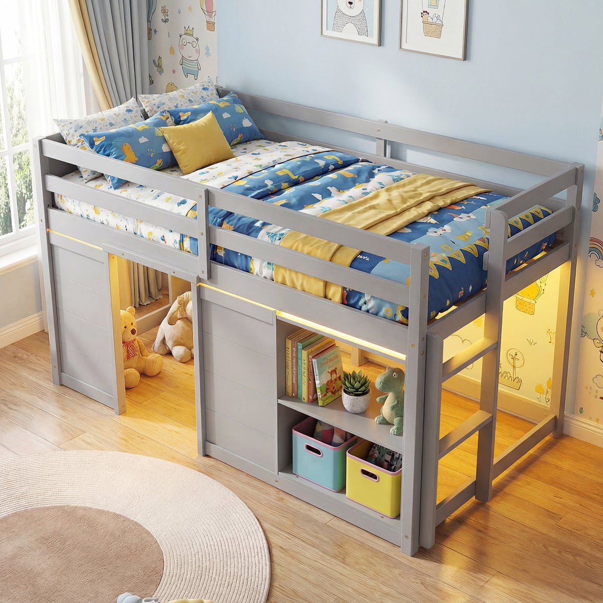 Wooden Low Kids Loft Bed with LED Lights and 2 Doors-Bunk Bed Frame-DECOROLALA