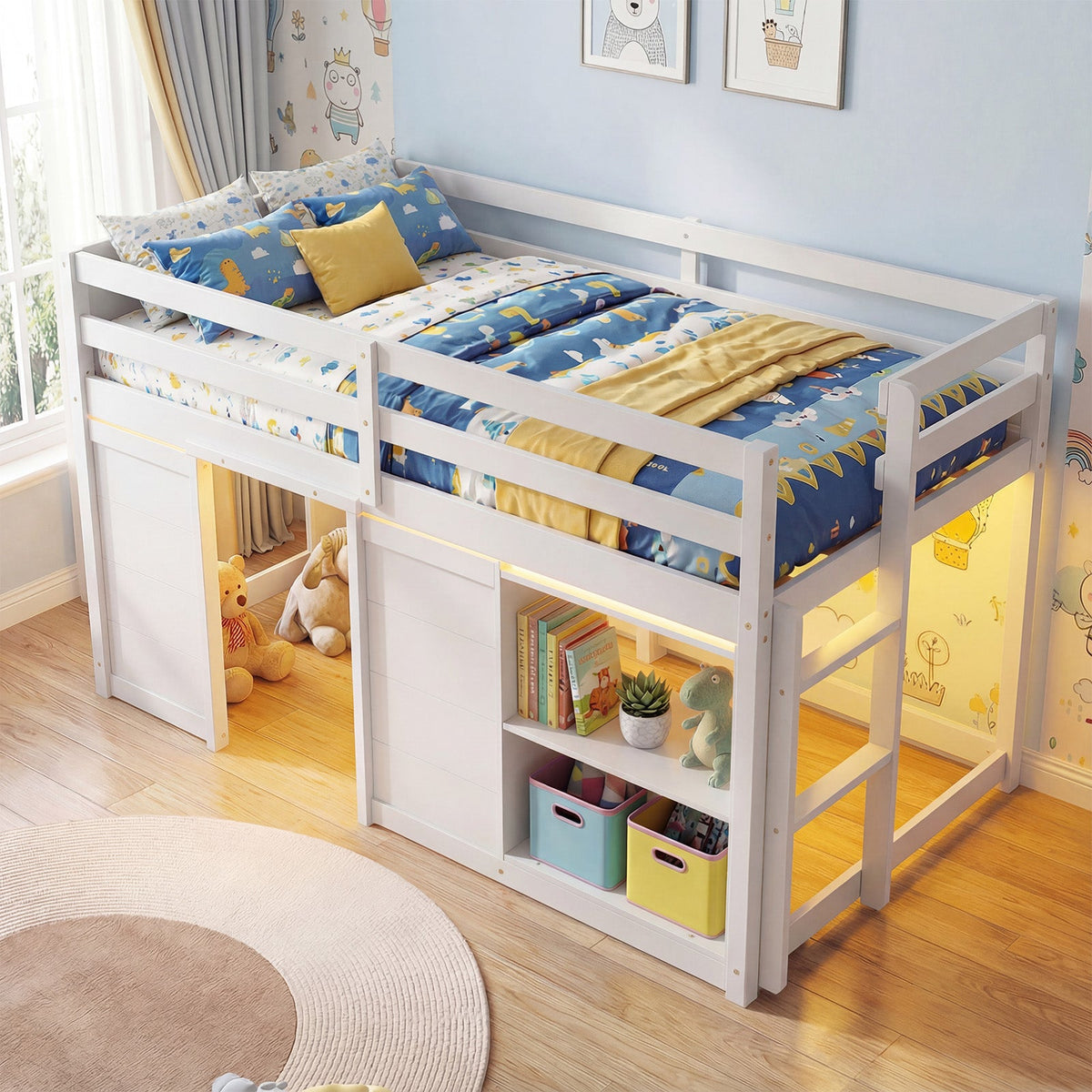 Wooden Low Kids Loft Bed with LED Lights and 2 Doors-Bunk Bed Frame-DECOROLALA