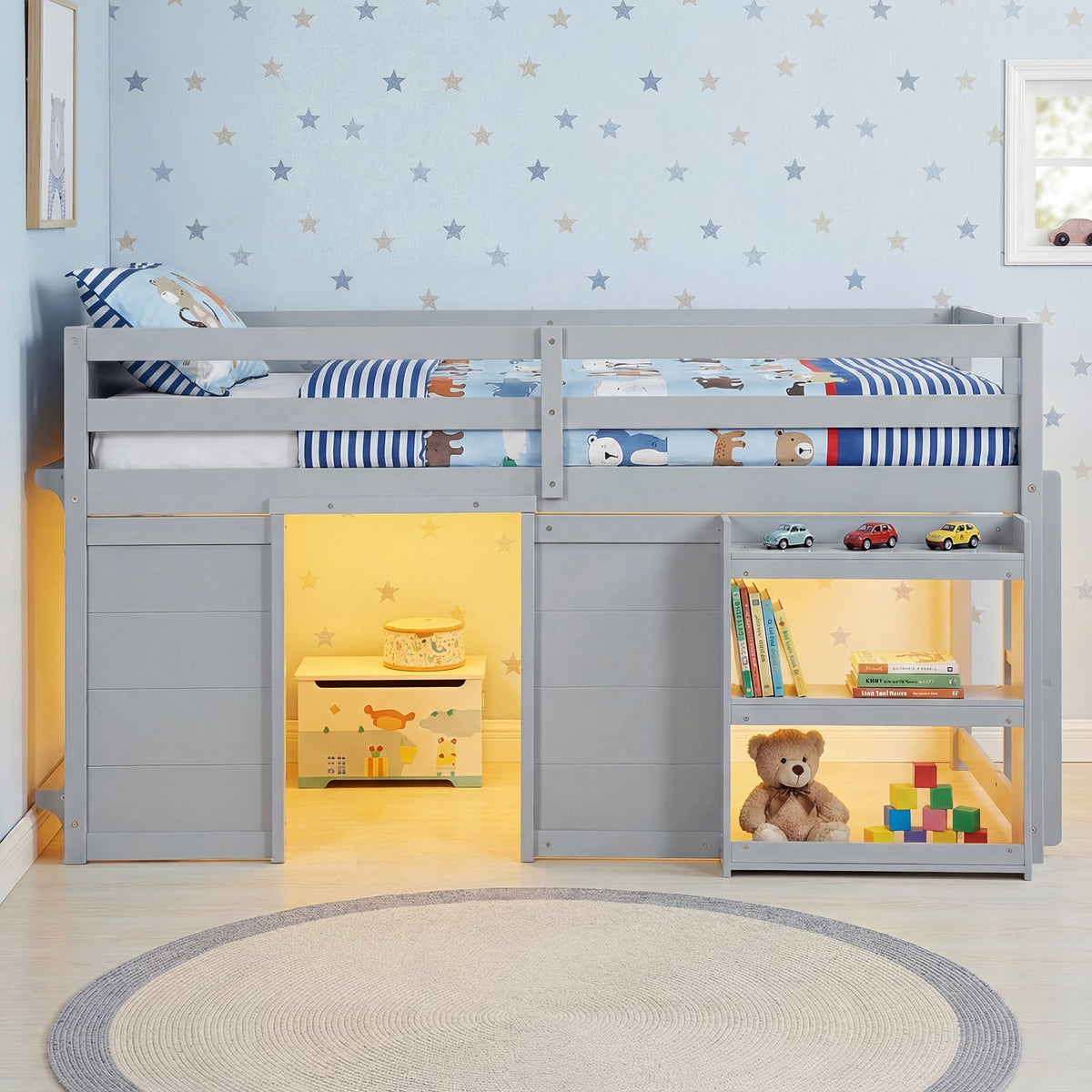 Wooden Low Kids Loft Bed with LED Lights and 2 Doors-Bunk Bed Frame-DECOROLALA