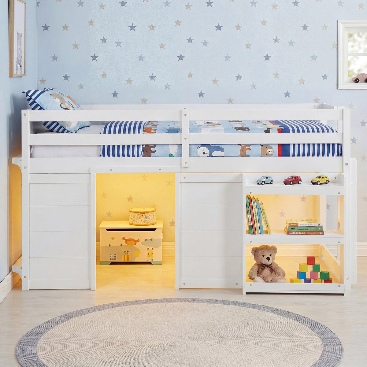 Wooden Low Kids Loft Bed with LED Lights and 2 Doors-Bunk Bed Frame-DECOROLALA