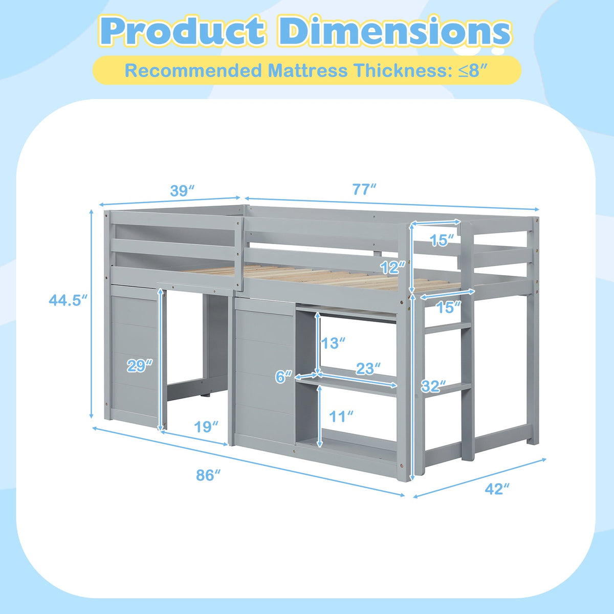 Wooden Low Kids Loft Bed with LED Lights and 2 Doors-Bunk Bed Frame-DECOROLALA