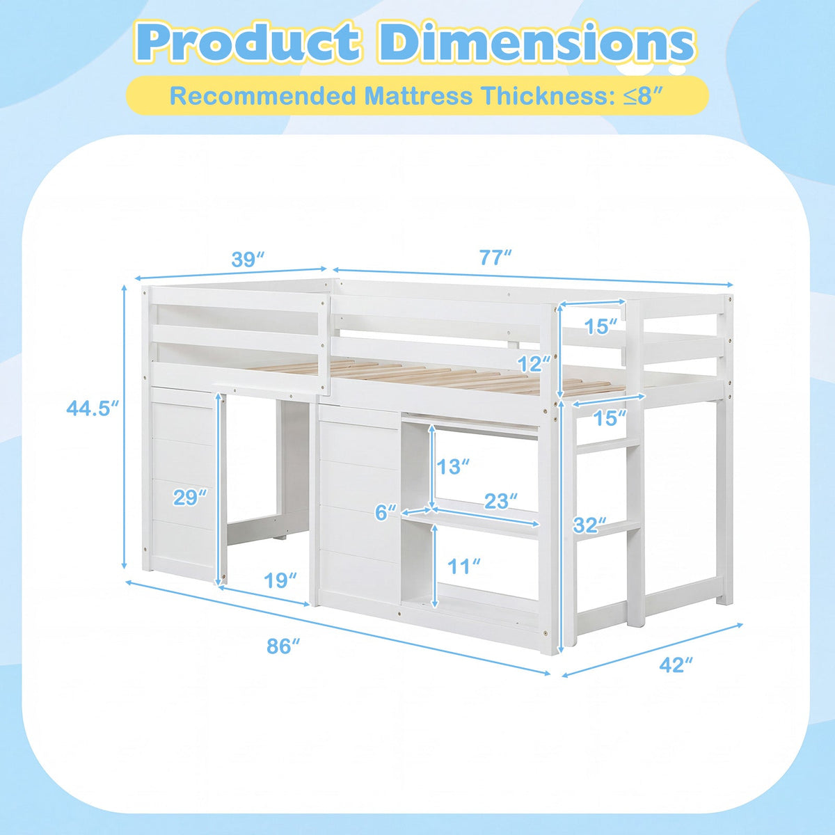 Wooden Low Kids Loft Bed with LED Lights and 2 Doors-Bunk Bed Frame-DECOROLALA