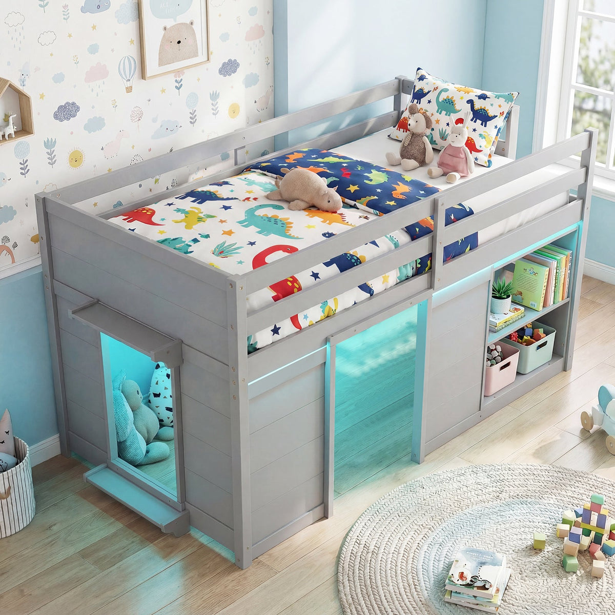 Wooden Low Kids Loft Bed with LED Lights and 2 Doors-Bunk Bed Frame-DECOROLALA