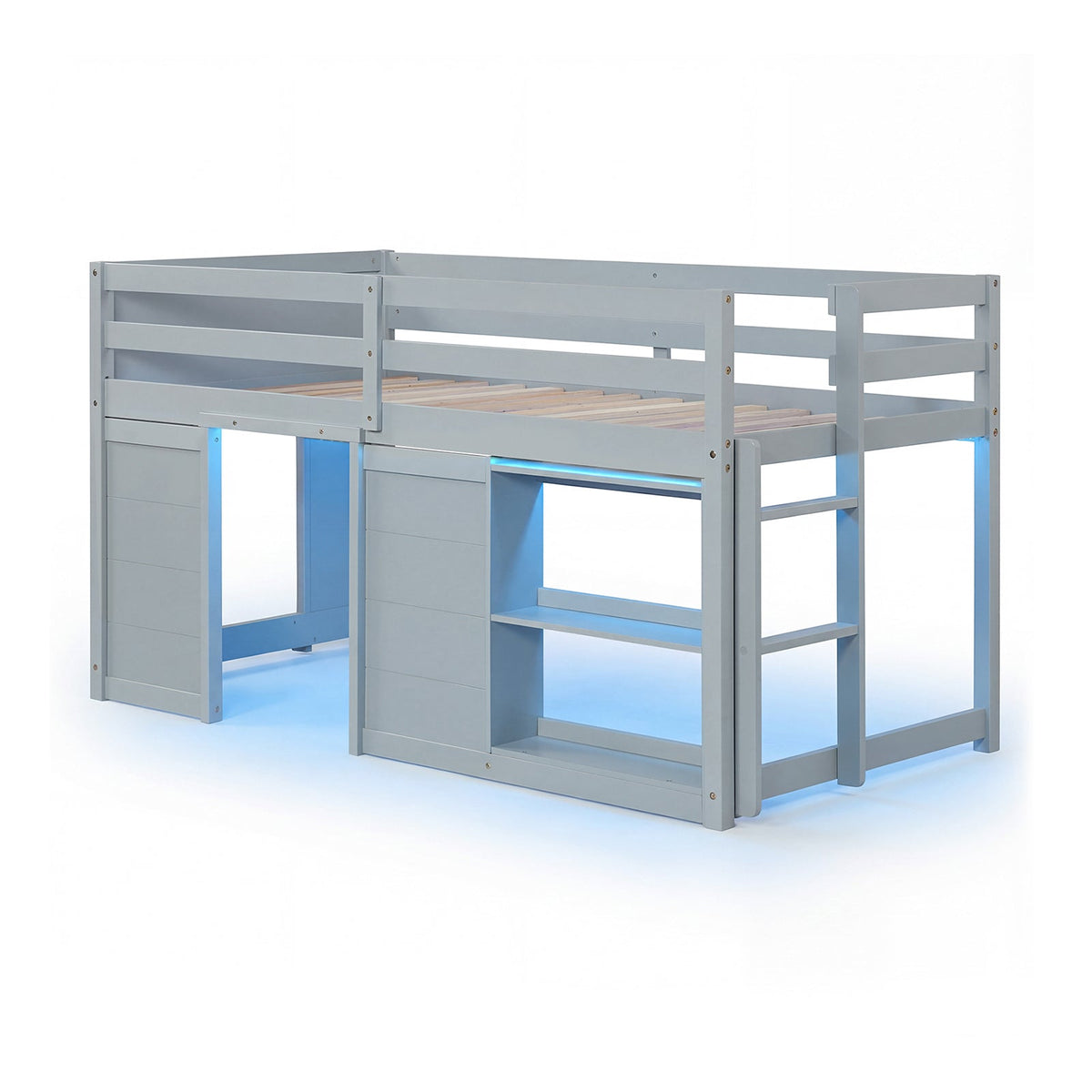 Wooden Low Kids Loft Bed with LED Lights and 2 Doors-Bunk Bed Frame-DECOROLALA