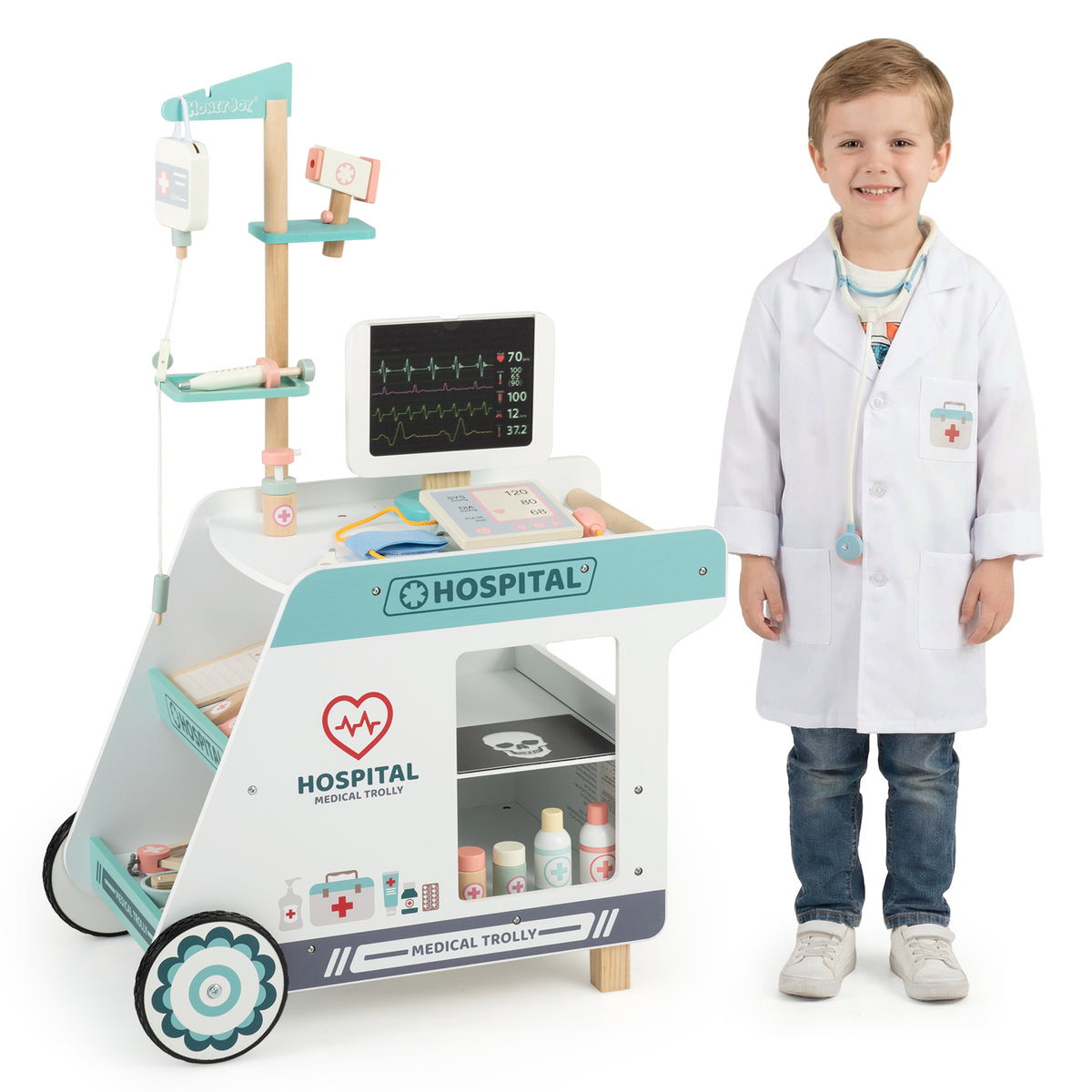 Wooden Medical Center Playset with Cart - Kids Pretend Doctor Kit-Playhouses & Play Tents-DECOROLALA