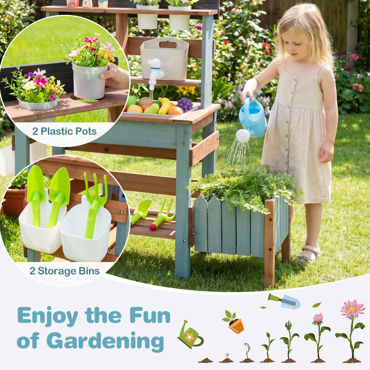 Wooden Mud Kitchen Set with Running Water Faucet Tank