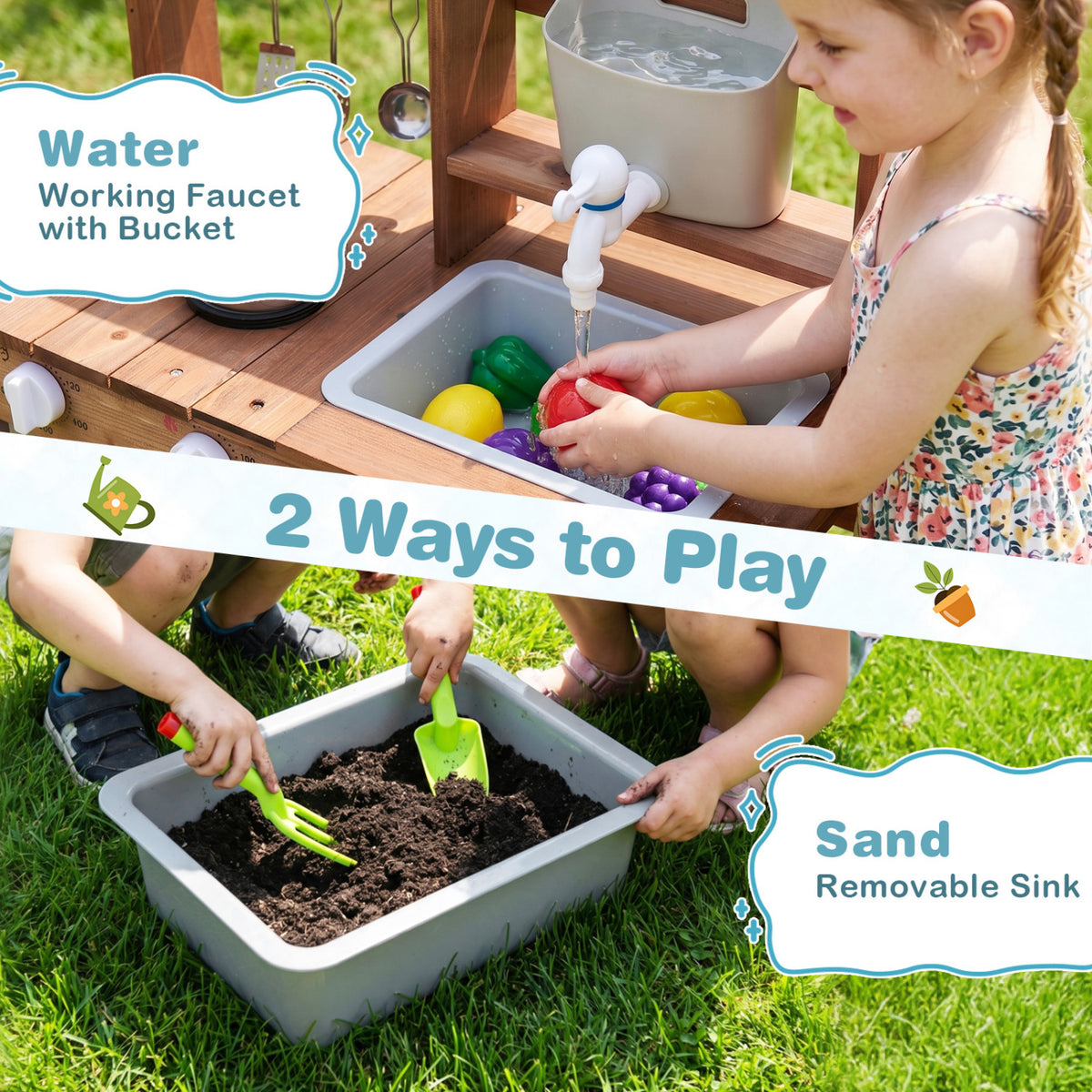 Wooden Mud Kitchen Set with Running Water Faucet Tank