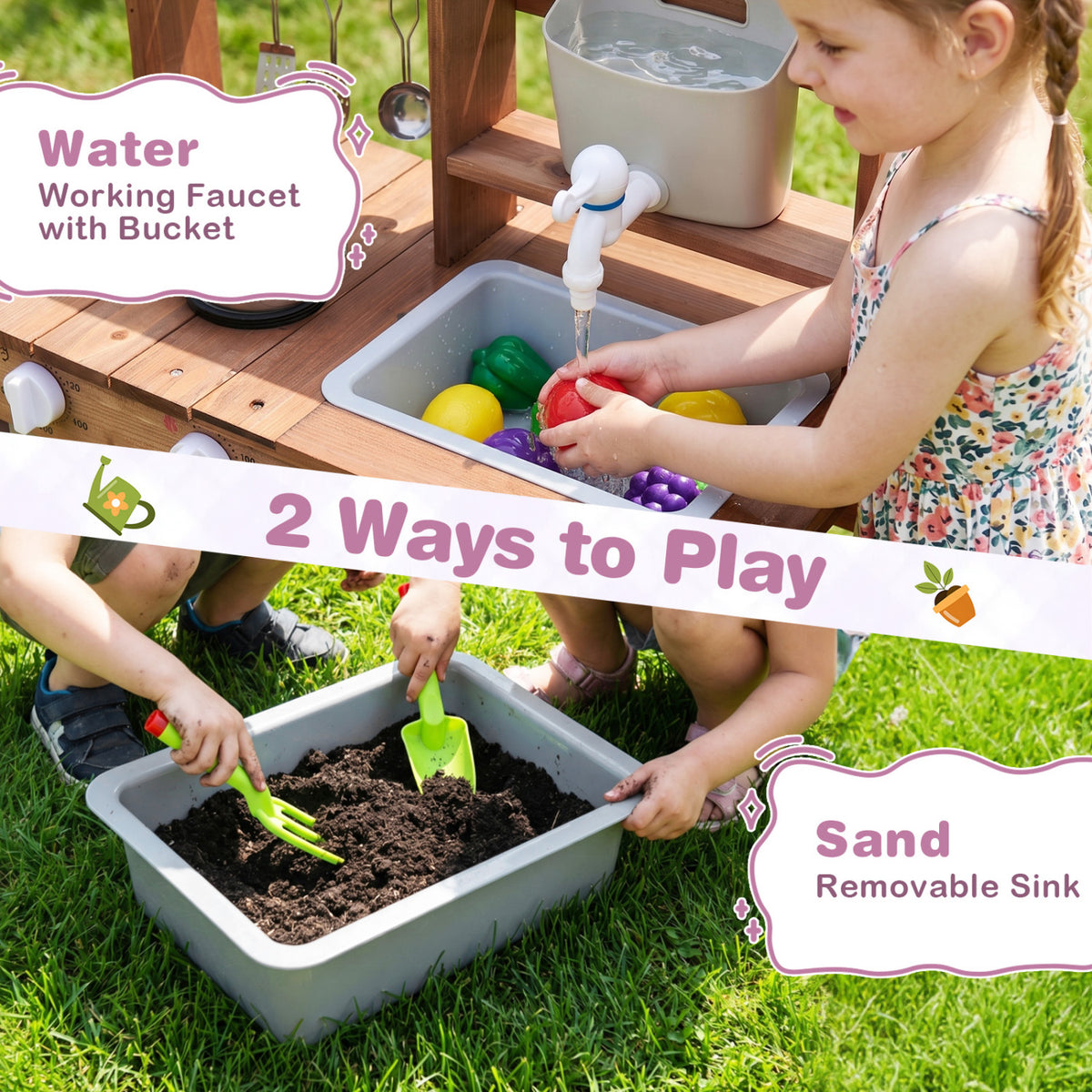 Wooden Mud Kitchen Set with Running Water Faucet Tank