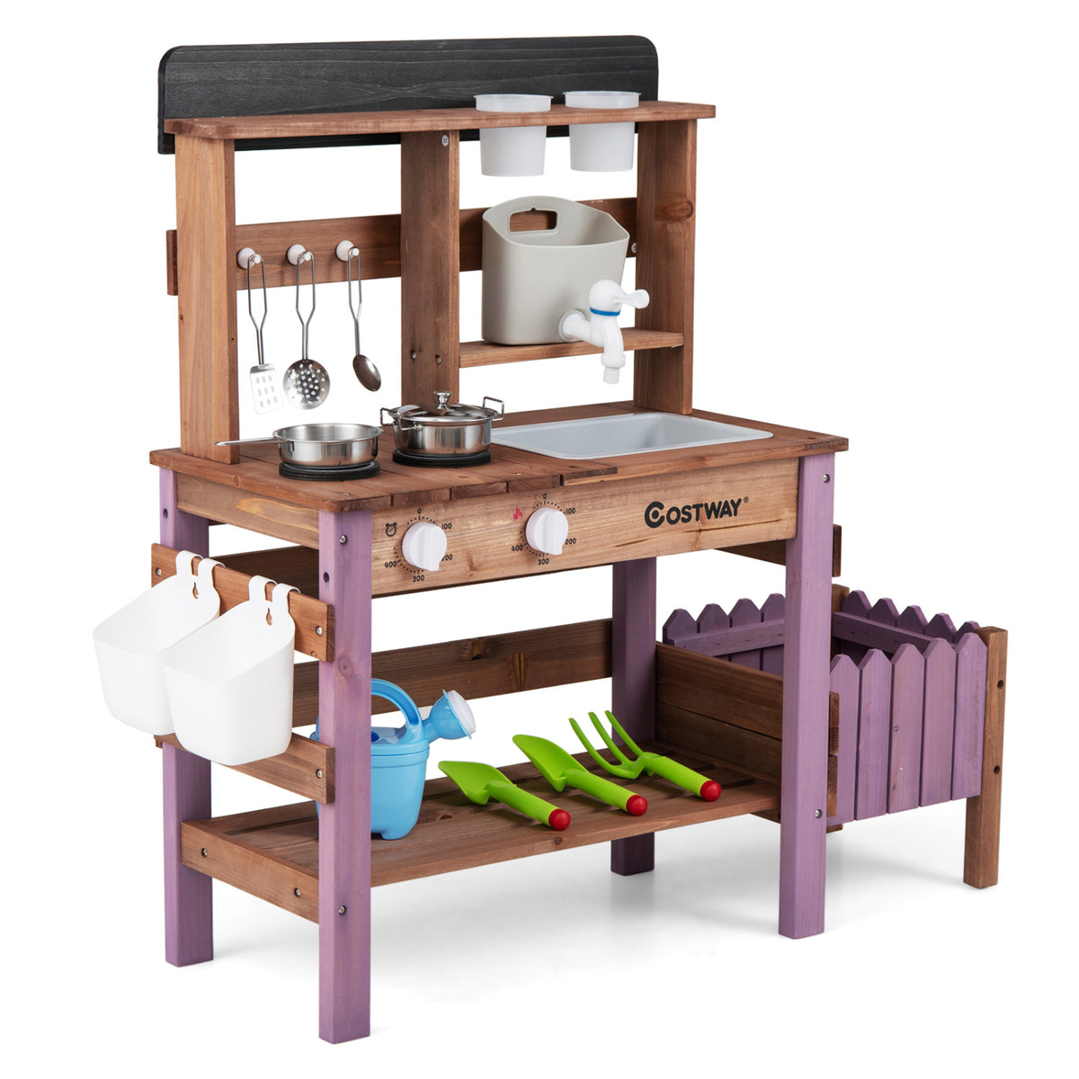 Wooden Mud Kitchen Set with Running Water Faucet Tank