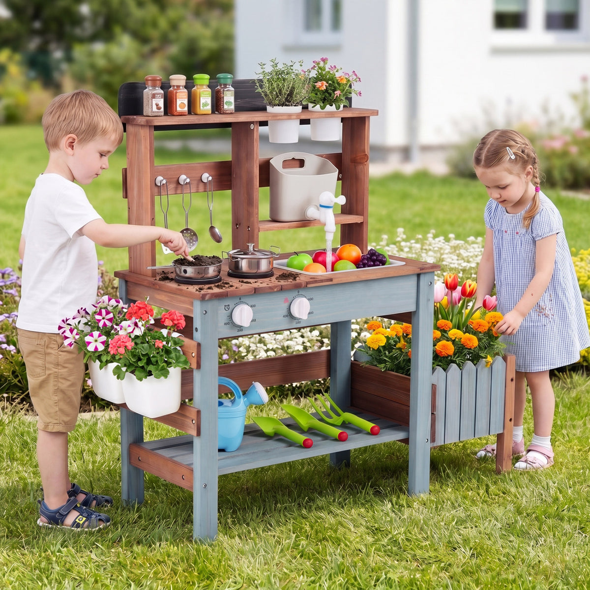 Wooden Mud Kitchen Set with Running Water Faucet Tank