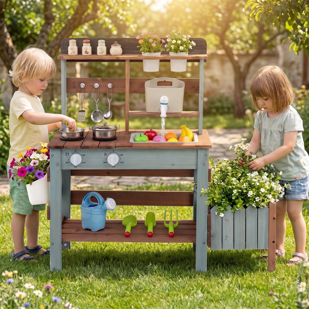 Wooden Mud Kitchen Set with Running Water Faucet Tank