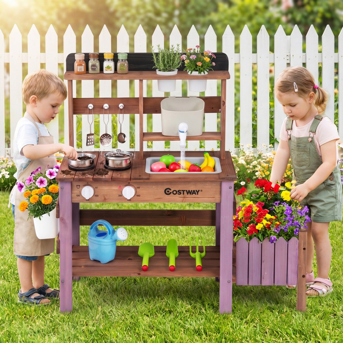 Wooden Mud Kitchen Set with Running Water Faucet Tank