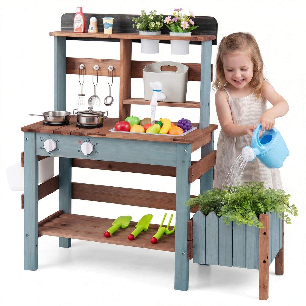 Wooden Mud Kitchen Set with Running Water Faucet Tank