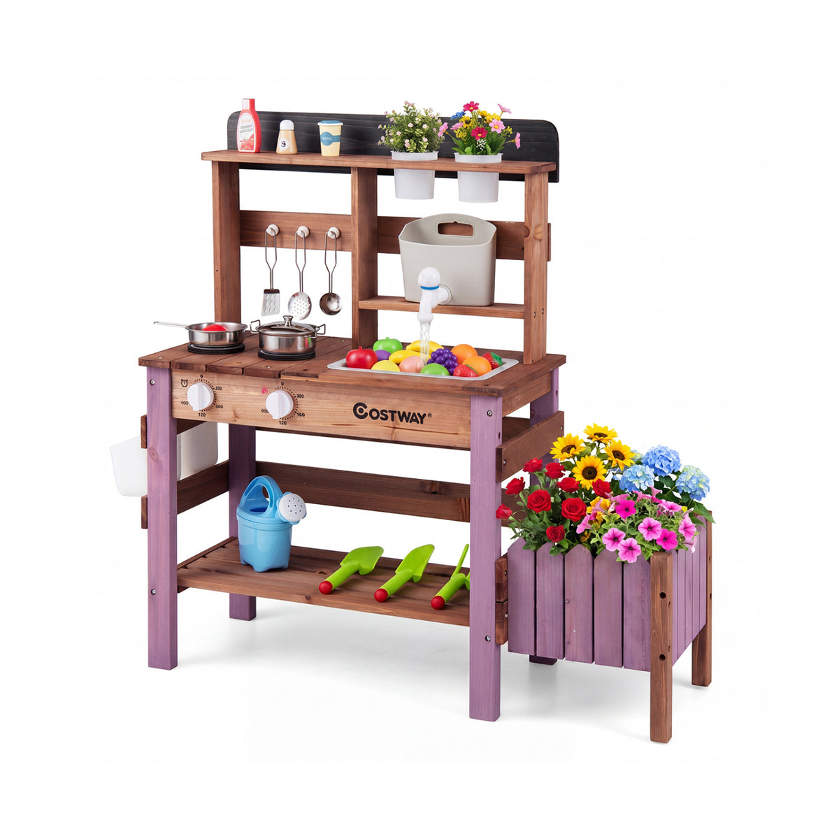 Wooden Mud Kitchen Set with Running Water Faucet Tank