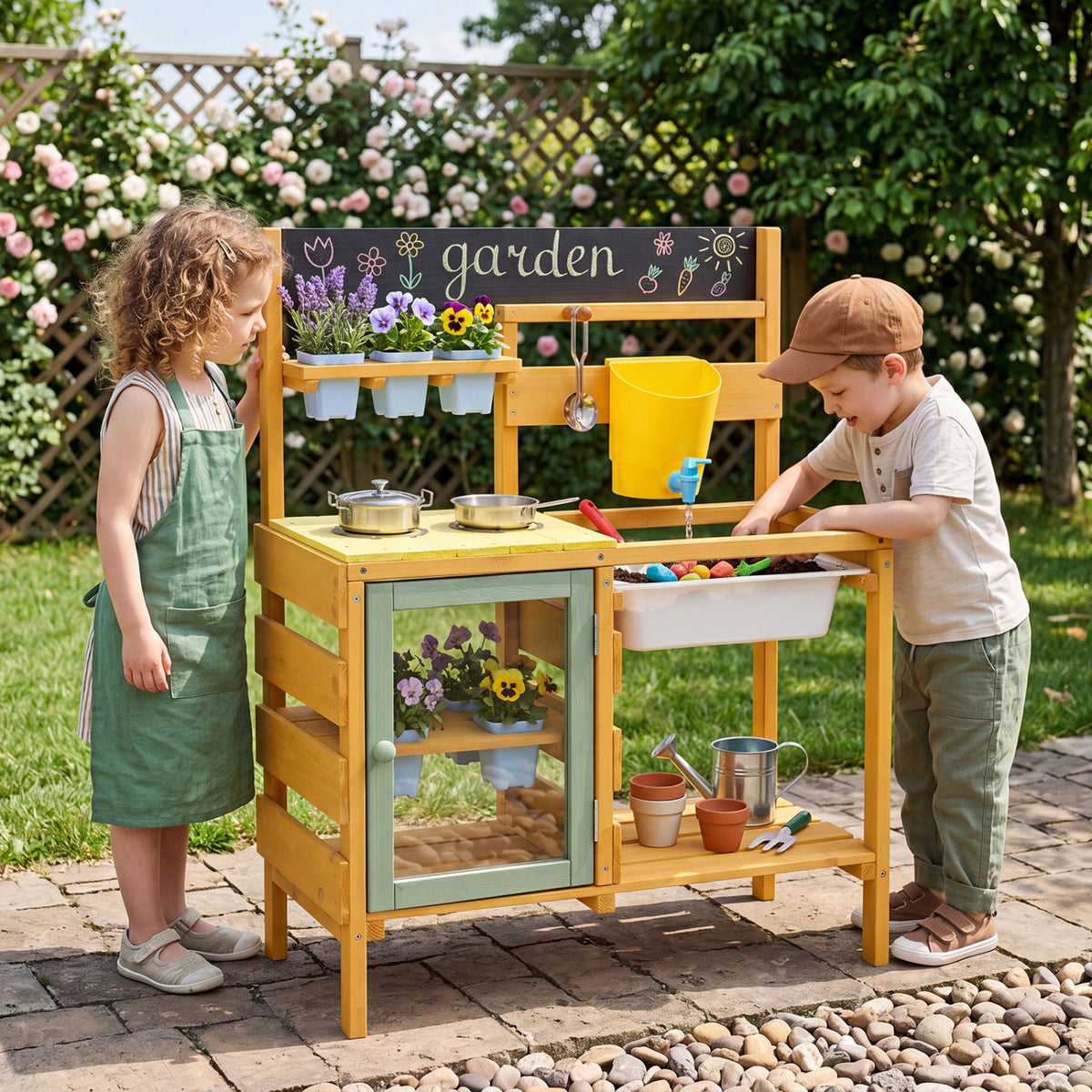 Wooden Mud Kitchen for Toddlers - Yellow-Play Kitchen Sets-DECOROLALA