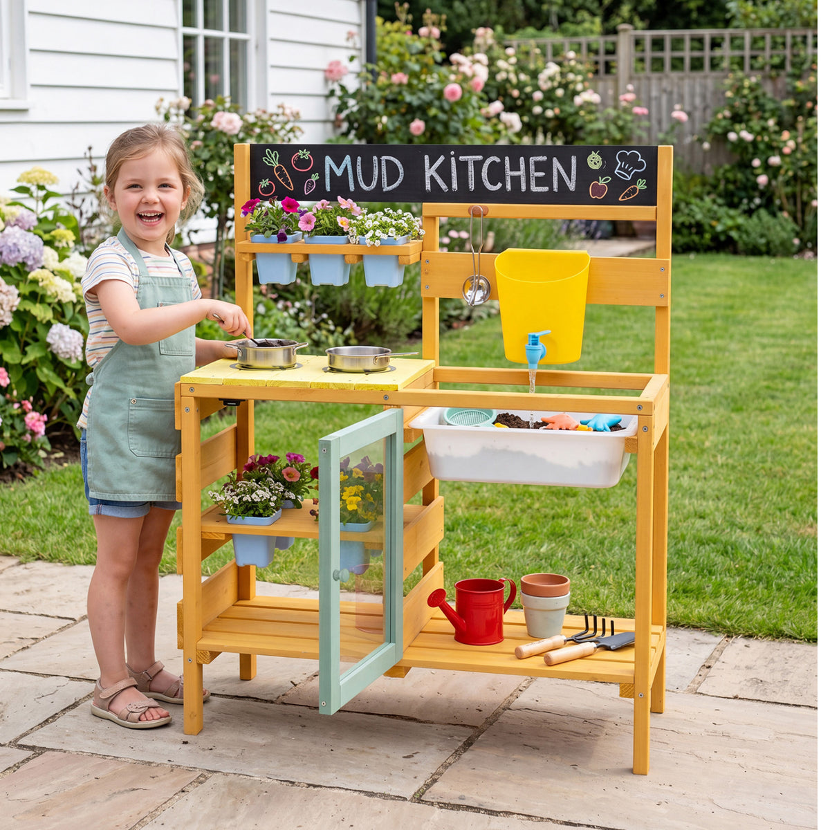 Wooden Mud Kitchen for Toddlers with Faucet and Water Tank-Yellow