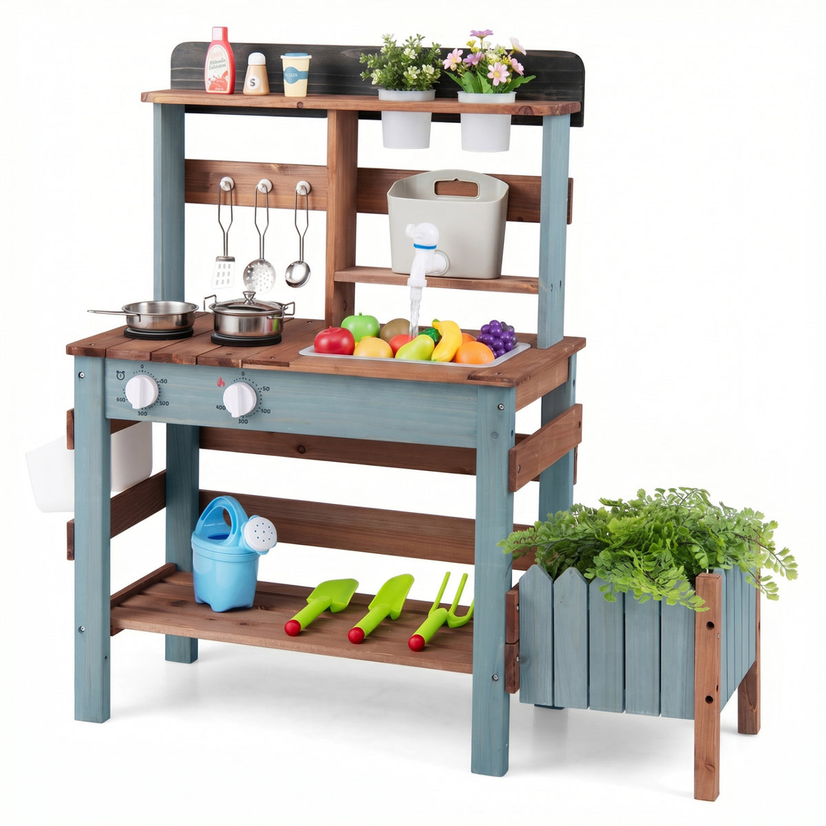 Wooden Mud Kitchen with Running Water Faucet and 15-Piece Accessory Set-Play Kitchen Sets-DECOROLALA