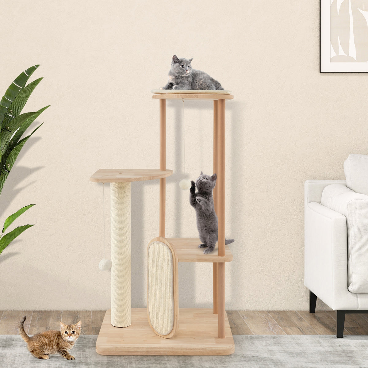 Wooden Multi-level Modern Cat Tower with Scratching Board and Post-44 inches-Cat Trees & Scratchers-DECOROLALA