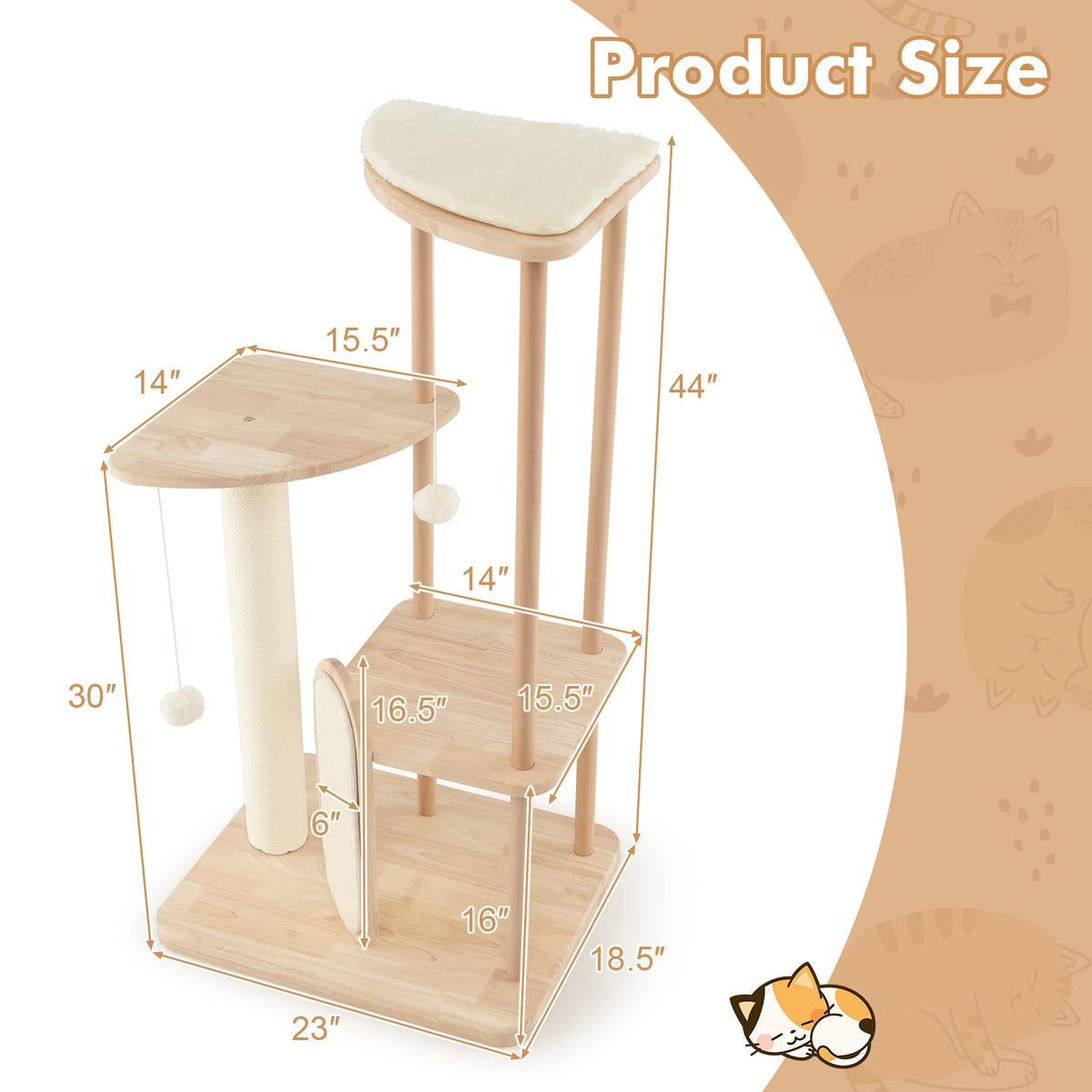 Wooden Multi-level Modern Cat Tower with Scratching Board and Post-44 inches-Cat Trees & Scratchers-DECOROLALA