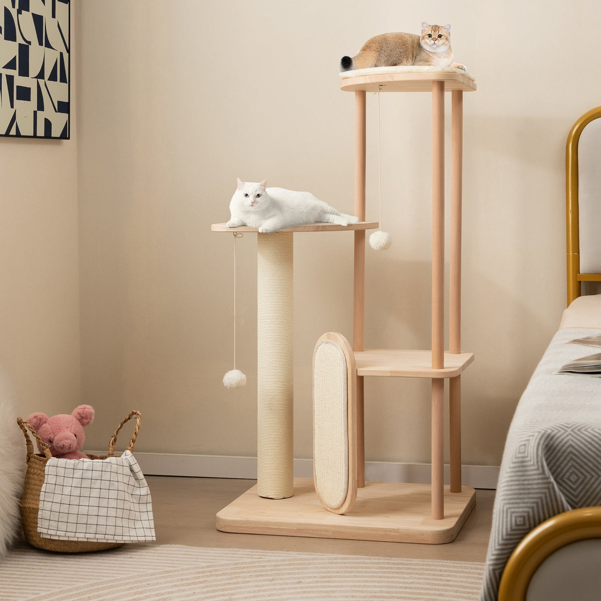 Wooden Multi-level Modern Cat Tower with Scratching Board and Post-44 inches-Cat Trees & Scratchers-DECOROLALA