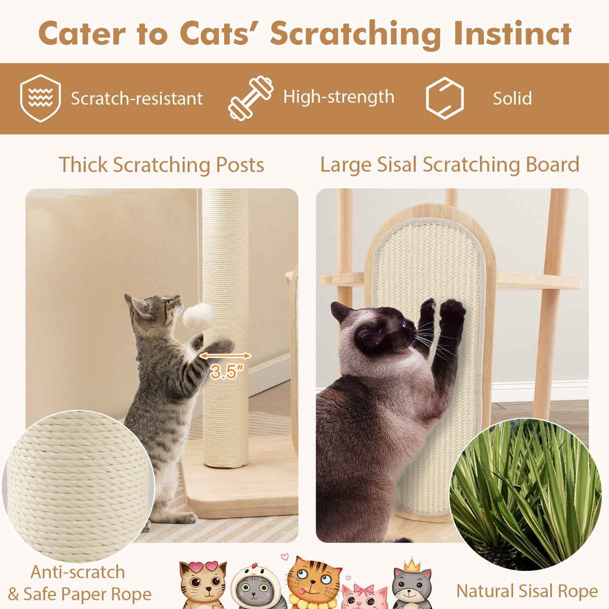 Wooden Multi-level Modern Cat Tower with Scratching Board and Post-44 inches-Cat Trees & Scratchers-DECOROLALA