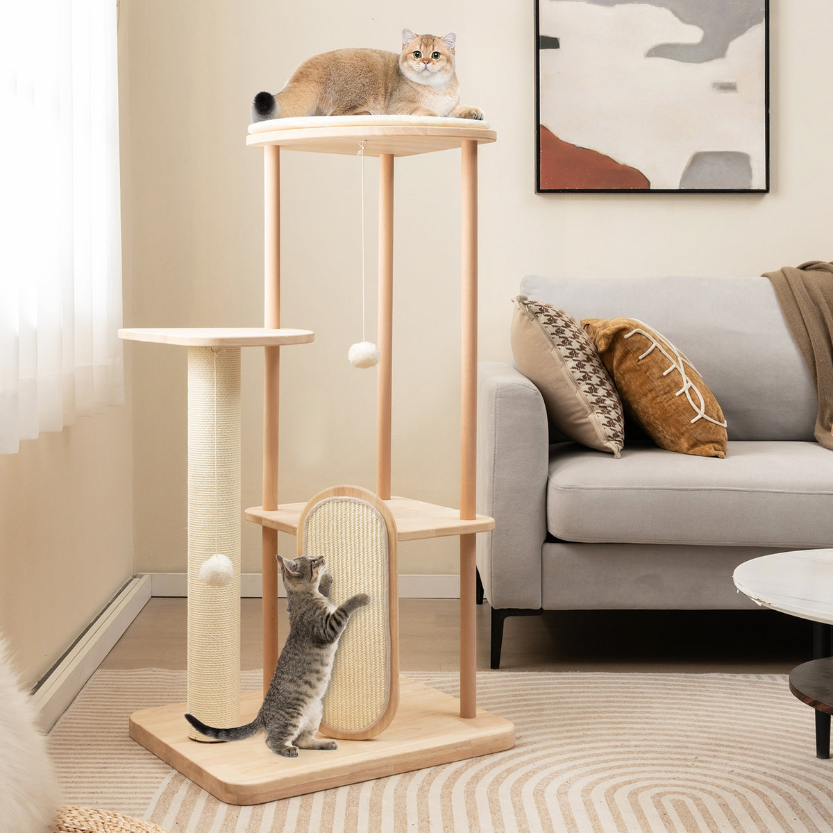 Wooden Multi-level Modern Cat Tower with Scratching Board and Post-44 inches-Cat Trees & Scratchers-DECOROLALA