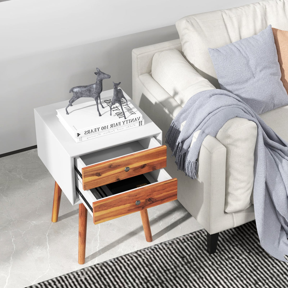 Wooden Nightstand Mid-Century End Side Table with 2 Storage Drawers-Brown-Nightstands-DECOROLALA