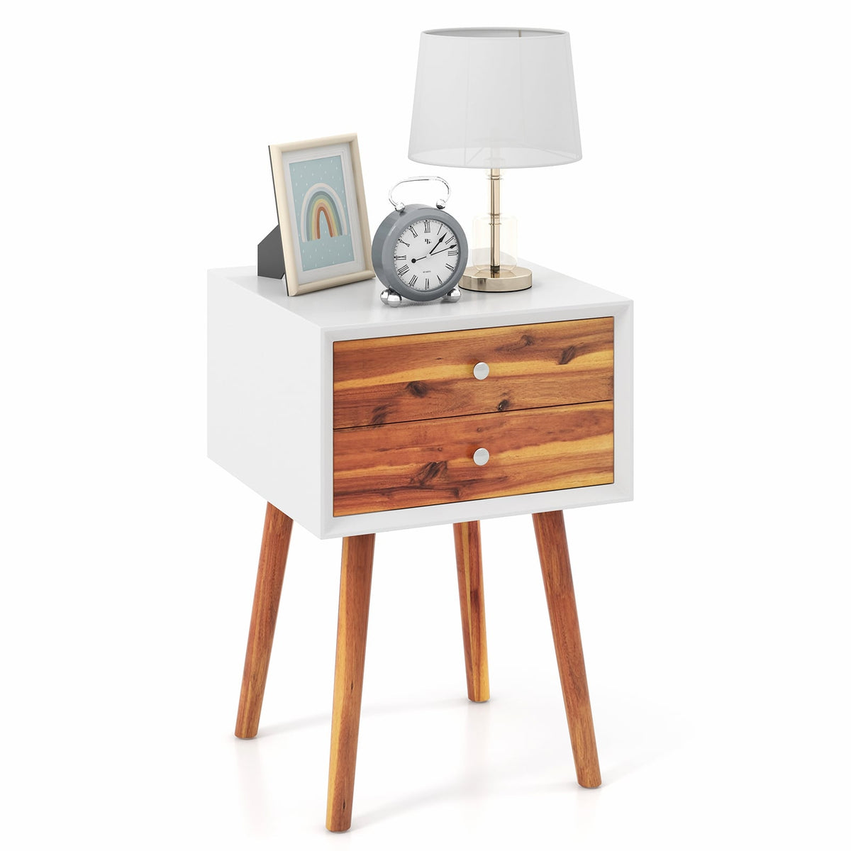 Wooden Nightstand Mid-Century End Side Table with 2 Storage Drawers-Brown-Nightstands-DECOROLALA