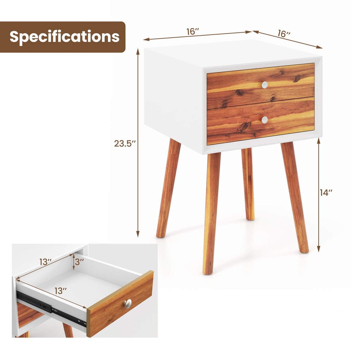 Wooden Nightstand Mid-Century End Side Table with 2 Storage Drawers-Brown-Nightstands-DECOROLALA