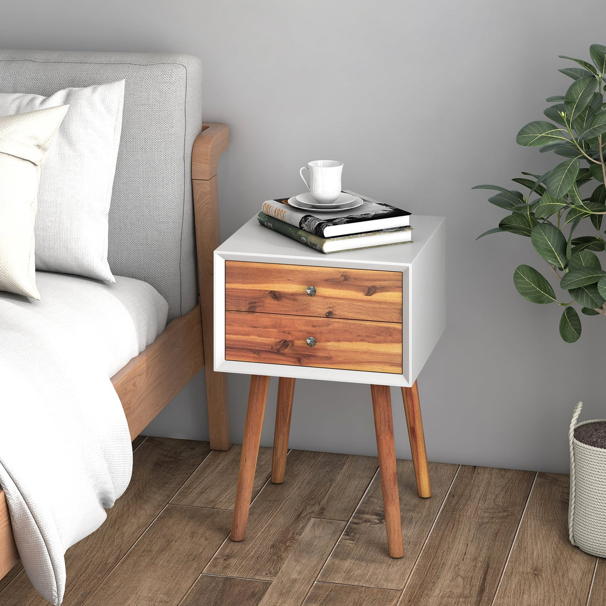 Wooden Nightstand Mid-Century End Side Table with 2 Storage Drawers-Brown-Nightstands-DECOROLALA