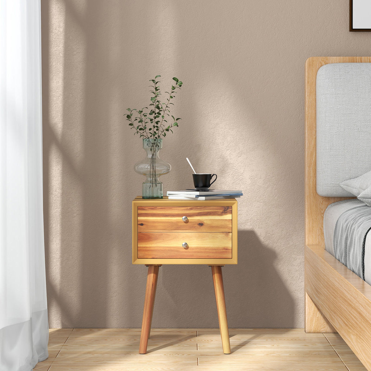Wooden Nightstand Mid-Century End Side Table with 2 Storage Drawers-Natural-Nightstands-DECOROLALA