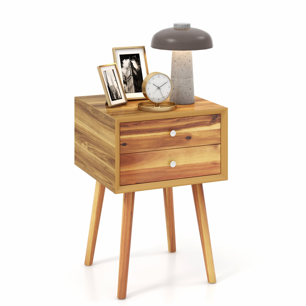Wooden Nightstand Mid-Century End Side Table with 2 Storage Drawers-Natural-Nightstands-DECOROLALA