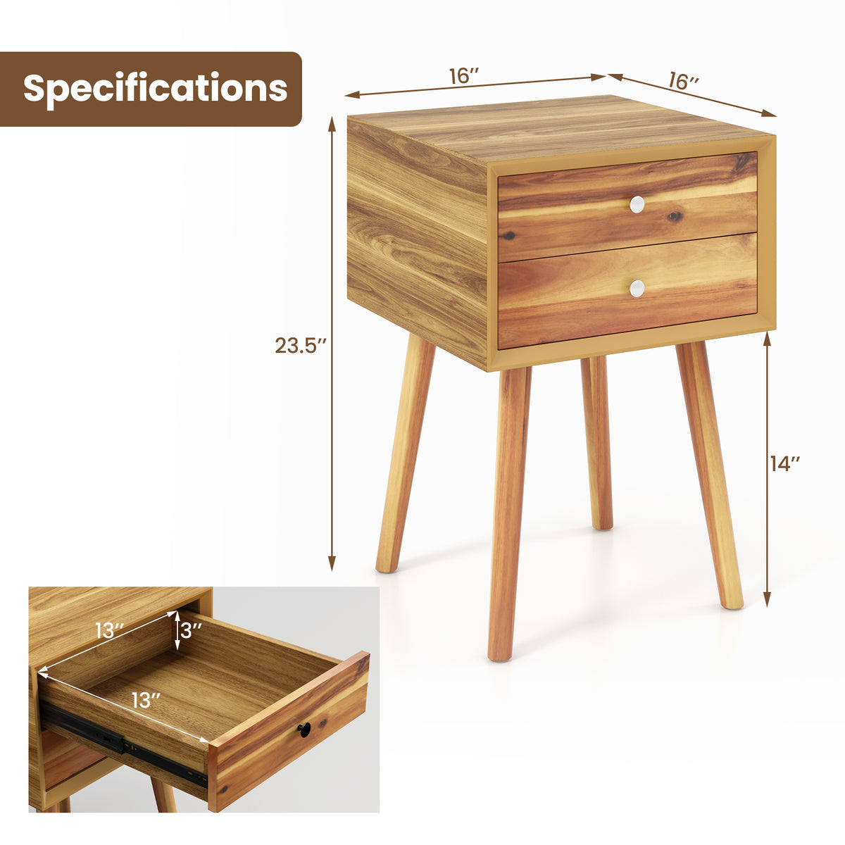 Wooden Nightstand Mid-Century End Side Table with 2 Storage Drawers-Natural-Nightstands-DECOROLALA