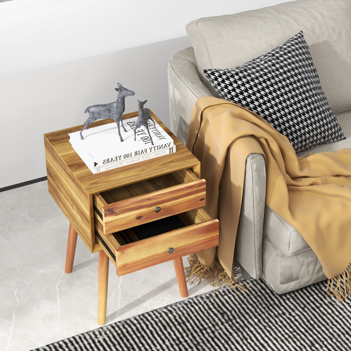 Wooden Nightstand Mid-Century End Side Table with 2 Storage Drawers-Natural-Nightstands-DECOROLALA