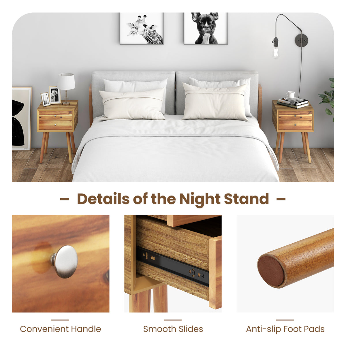 Wooden Nightstand Mid-Century End Side Table with 2 Storage Drawers-Natural-Nightstands-DECOROLALA