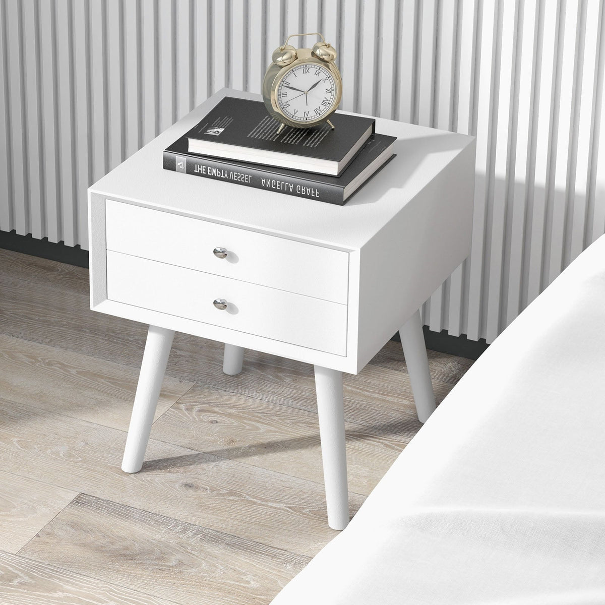 Wooden Nightstand Mid-Century End Side Table with 2 Storage Drawers-White-Nightstands-DECOROLALA