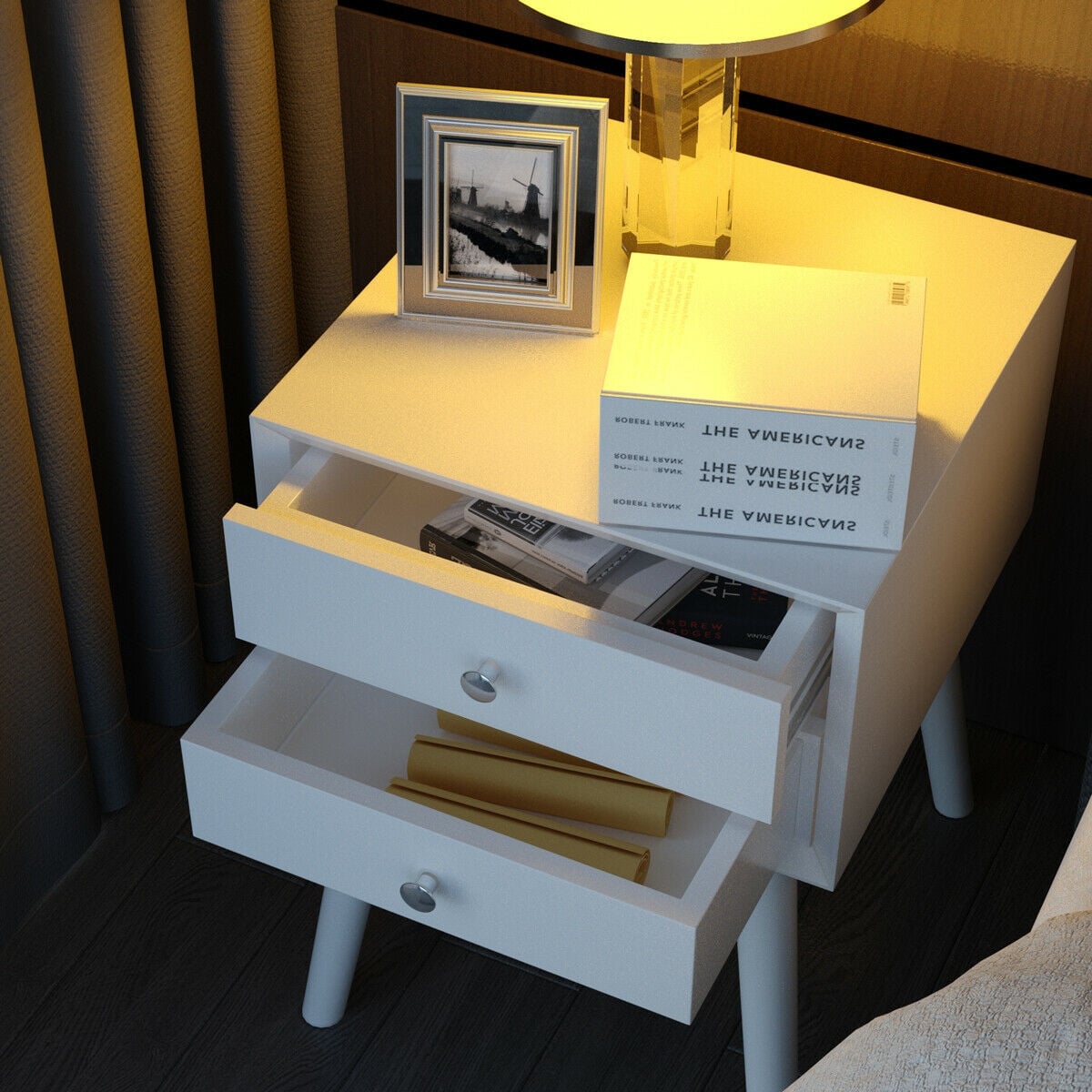 Wooden Nightstand Mid-Century End Side Table with 2 Storage Drawers-White-Nightstands-DECOROLALA