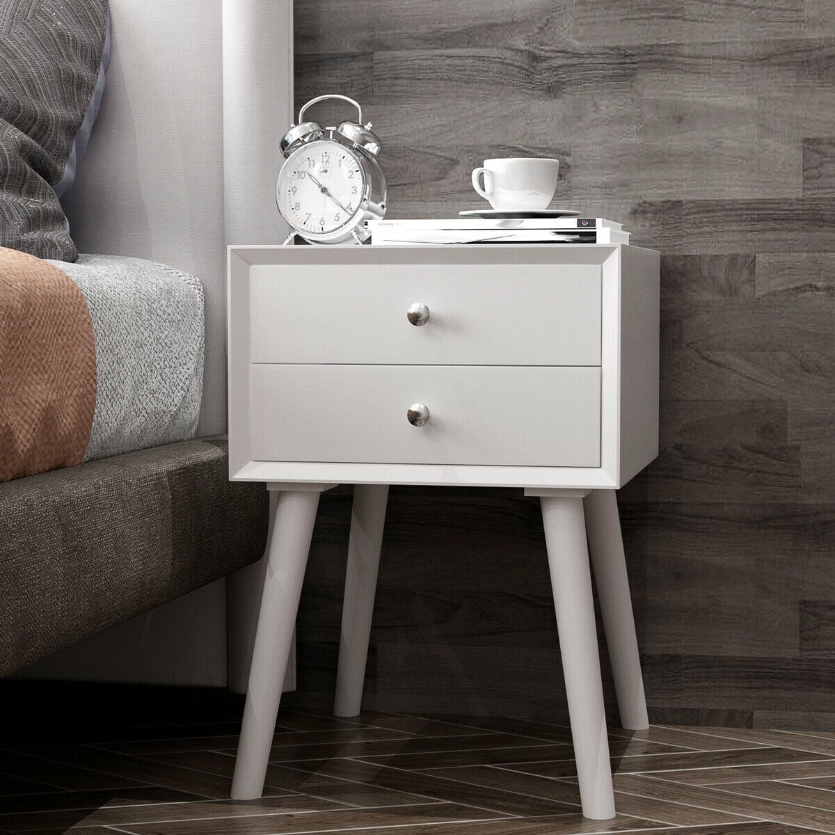 Wooden Nightstand Mid-Century End Side Table with 2 Storage Drawers-White-Nightstands-DECOROLALA