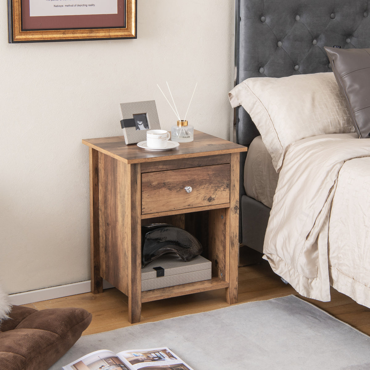 Wooden Nightstand with Slide-out Drawer and Open Shelf-Rustic Brown-Nightstands-DECOROLALA