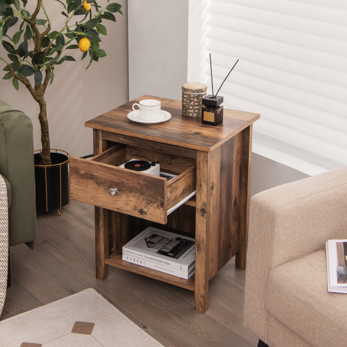Wooden Nightstand with Slide-out Drawer and Open Shelf-Rustic Brown-Nightstands-DECOROLALA