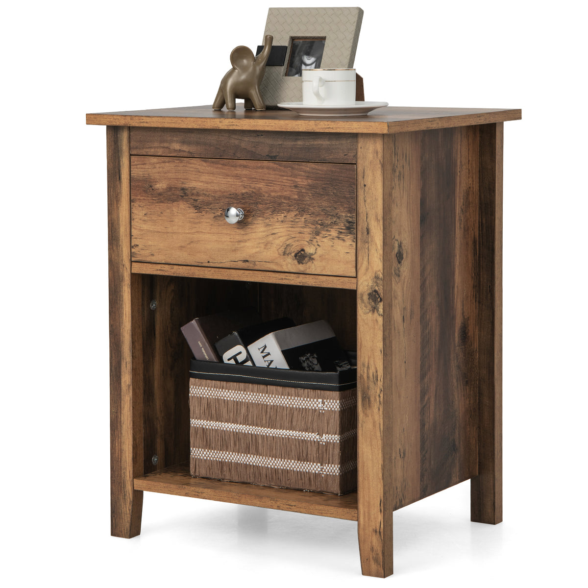 Wooden Nightstand with Slide-out Drawer and Open Shelf-Rustic Brown-Nightstands-DECOROLALA