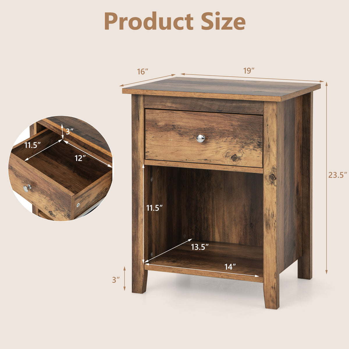 Wooden Nightstand with Slide-out Drawer and Open Shelf-Rustic Brown-Nightstands-DECOROLALA