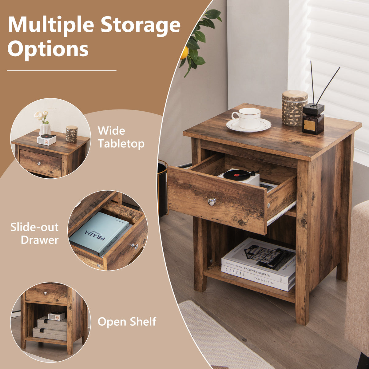 Wooden Nightstand with Slide-out Drawer and Open Shelf-Rustic Brown-Nightstands-DECOROLALA
