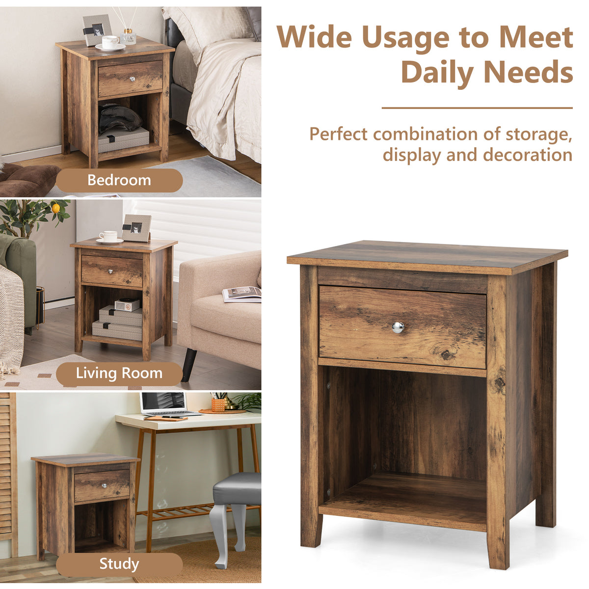 Wooden Nightstand with Slide-out Drawer and Open Shelf-Rustic Brown-Nightstands-DECOROLALA