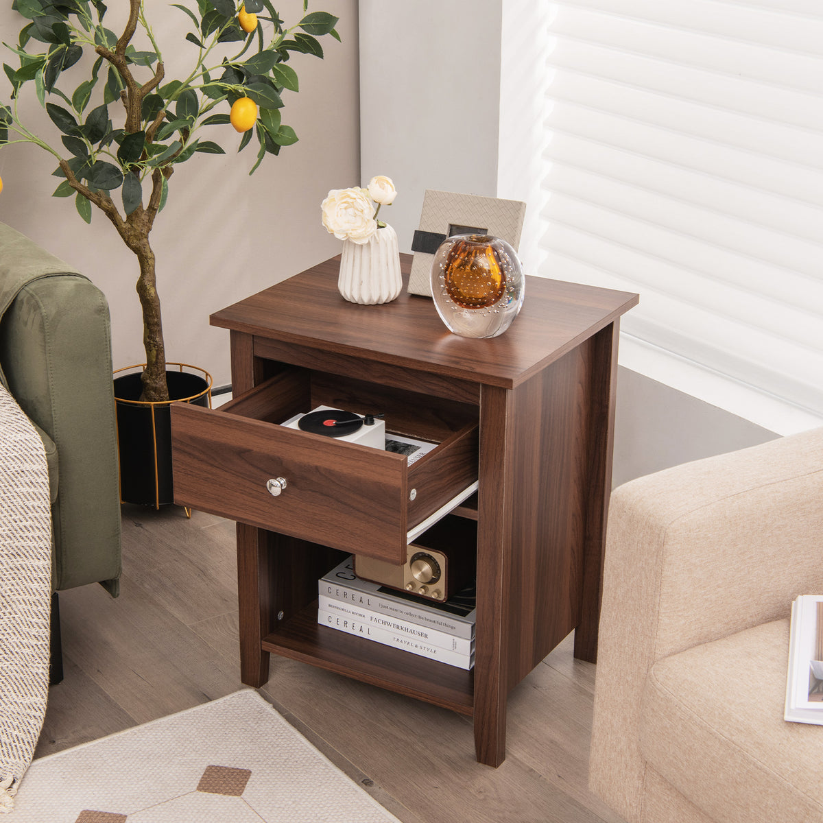 Wooden Nightstand with Slide-out Drawer and Open Shelf-Walnut-Nightstands-DECOROLALA