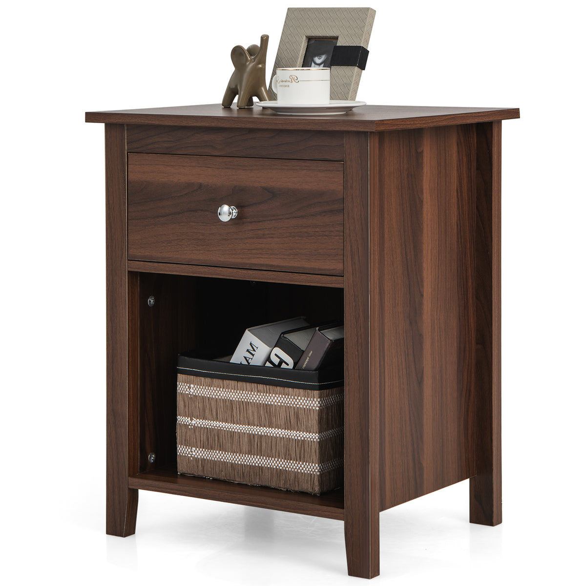 Wooden Nightstand with Slide-out Drawer and Open Shelf-Walnut-Nightstands-DECOROLALA